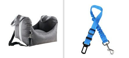 Grey dog car carrier seat with blue safety straps and metal clips