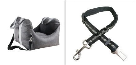 Grey dog car carrier seat with black cross-strap harness and metal buckles