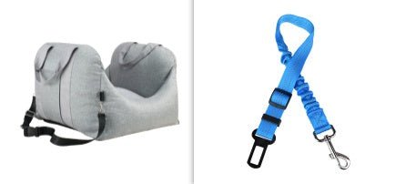 Light grey dog car carrier seat with blue safety straps and metal clips