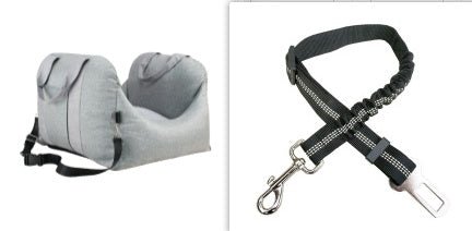 Light grey dog car carrier seat with black cross-strap harness and metal buckles