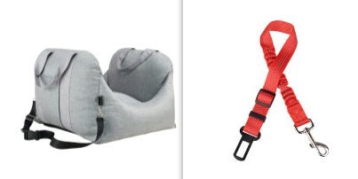 Grey dog car carrier seat with red safety straps and metal clips