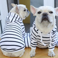 Pet hoodie with black and white horizontal stripes, hood with white drawstrings