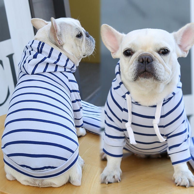 Pet hoodie with navy and white horizontal stripes, hood with white drawstrings and front pocket