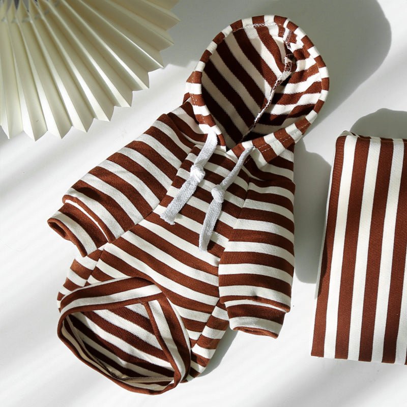 Pet hoodie set with brown and white horizontal stripes and hood with white drawstrings