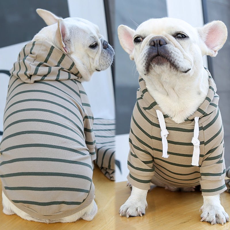 Pet hoodie with khaki and dark green horizontal stripes, hood with white drawstrings and front pocket