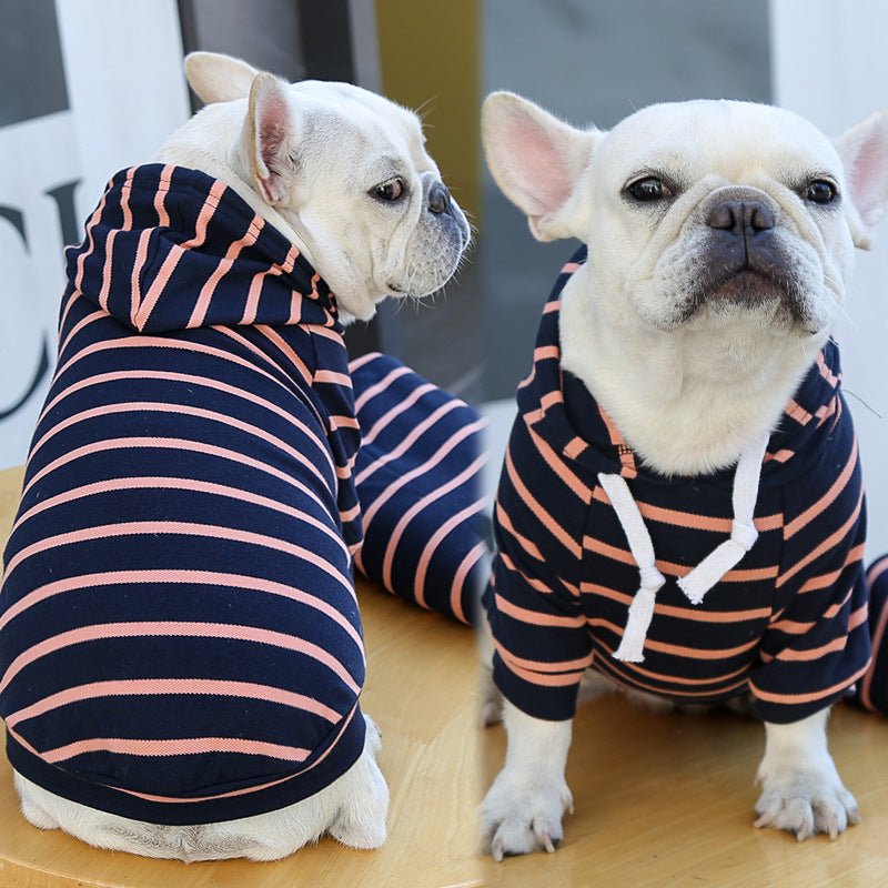 Pet hoodie with black and pink horizontal stripes, hood with white drawstrings and front pocket