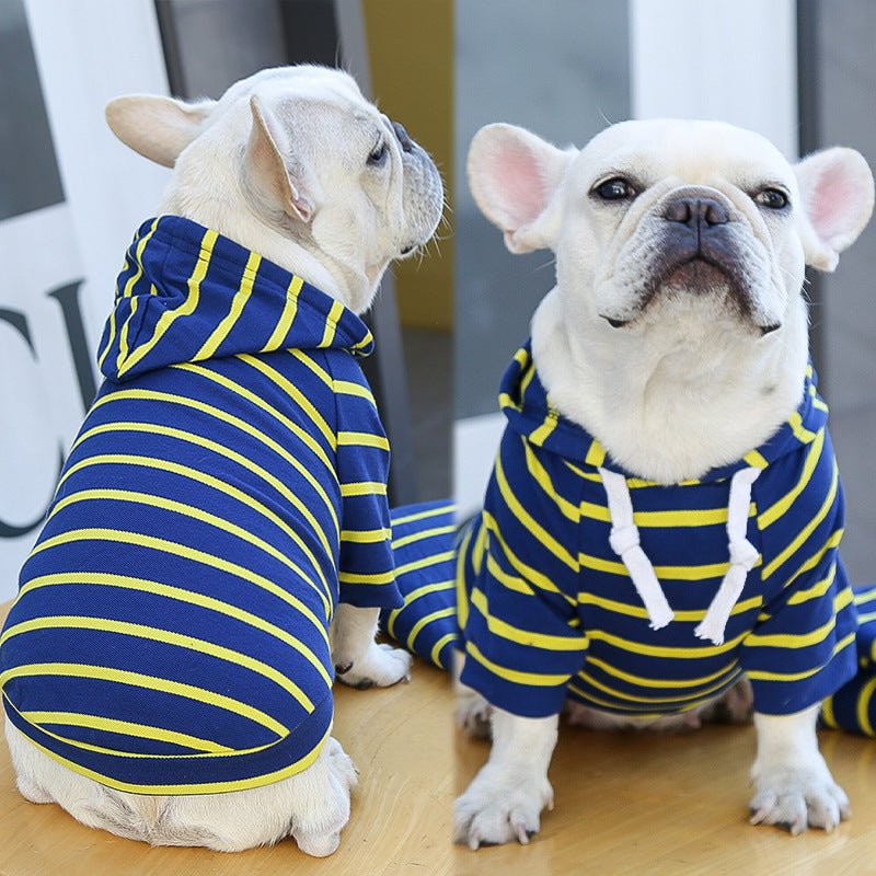 Pet hoodie with dark blue and yellow horizontal stripes, hood with white drawstrings and front pocket