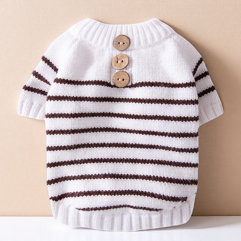 White striped pet dog sweater with ribbed hem, three wooden buttons at the collar