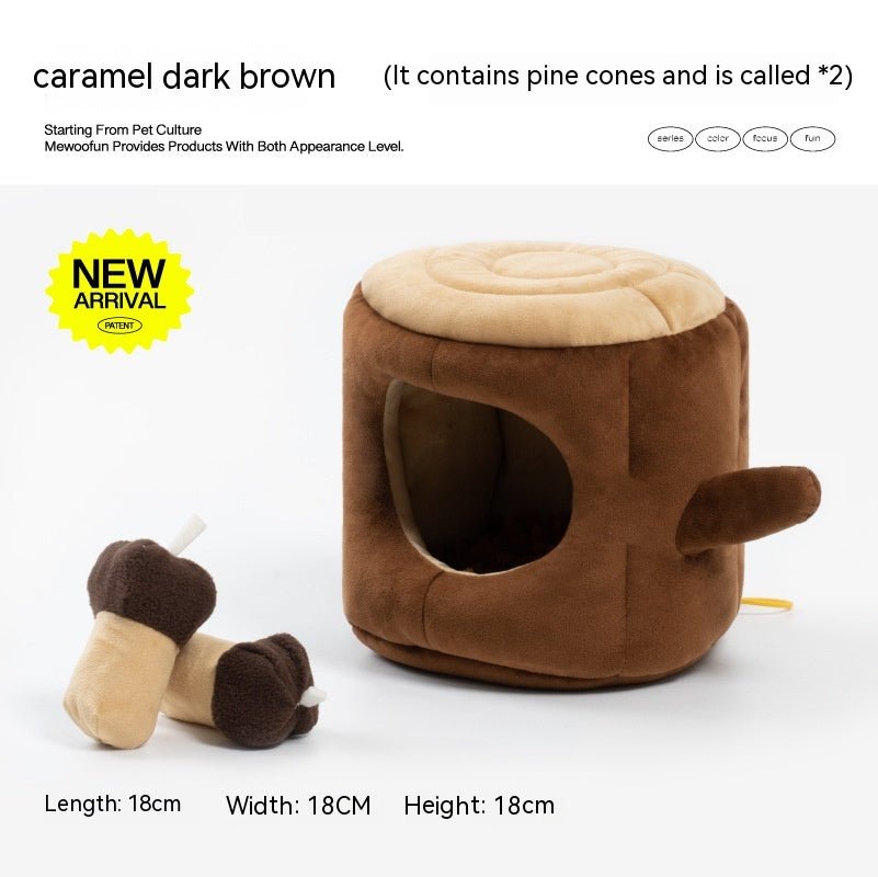 Caramel dark brown plush tree stump dog foraging toy with oval hole and pine cone accessories