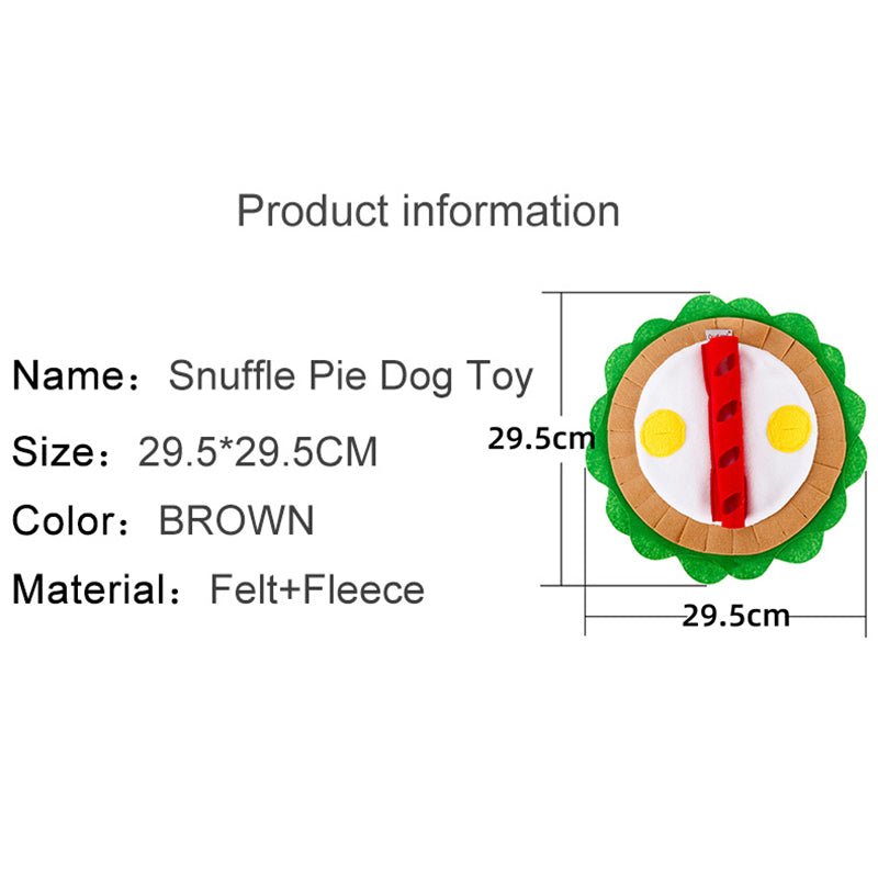 Snuffle pie dog toy shown with size diagram; round felt mat with green scalloped edge
