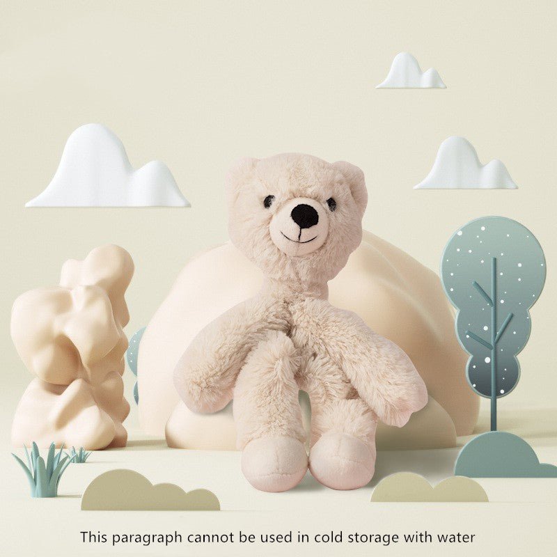 Cream teddy bear plush dog toy with round ears and black nose