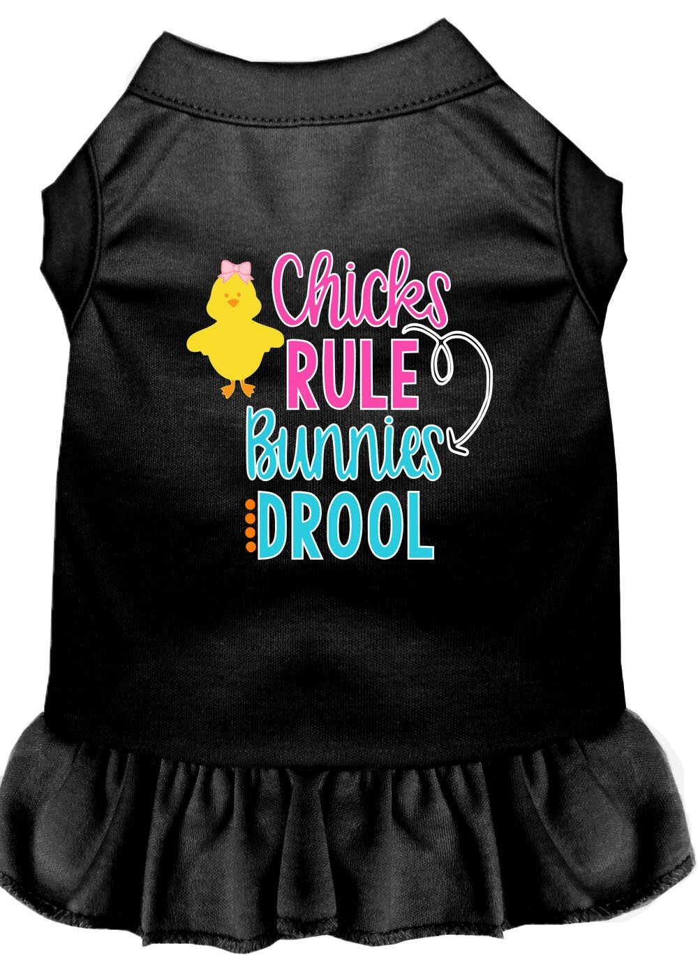 Black pet dress with ruffle skirt and 'Chicks Rule Bunnies Drool' graphic