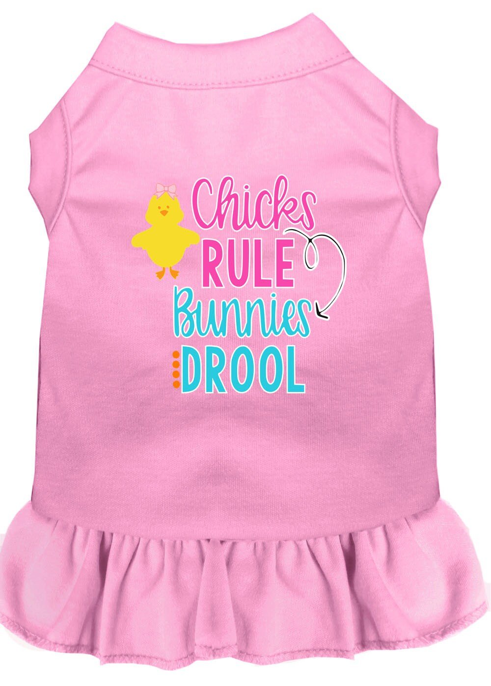 Light pink pet dress with ruffle skirt and 'Chicks Rule Bunnies Drool' graphic