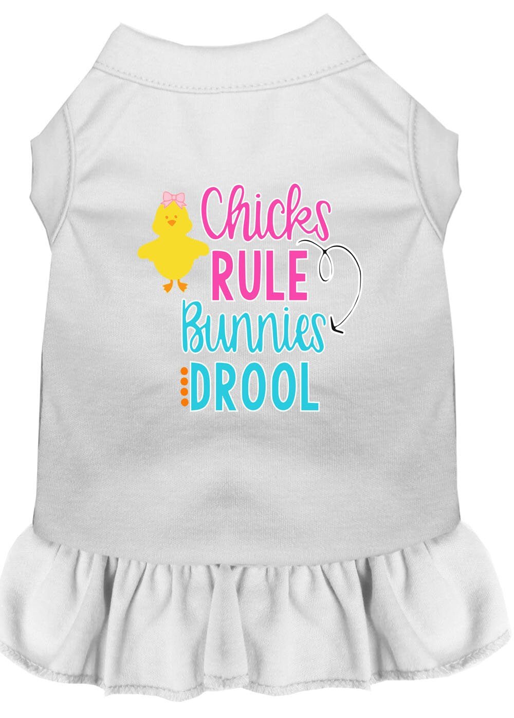 White pet dress with ruffle hem and 'Chicks Rule Bunnies Drool' graphic