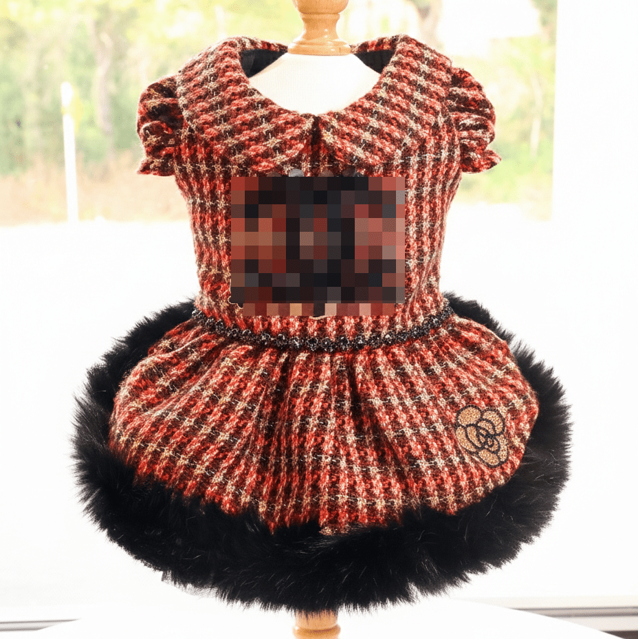 Pet dress in red tweed with black faux-fur hem, puff sleeves, and sequin trim