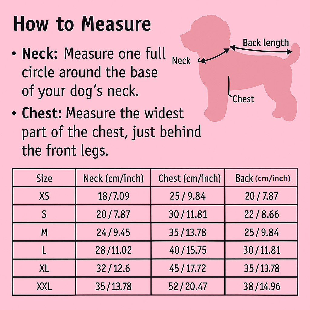 Pet dress size chart and how-to-measure guide with neck, chest, and back