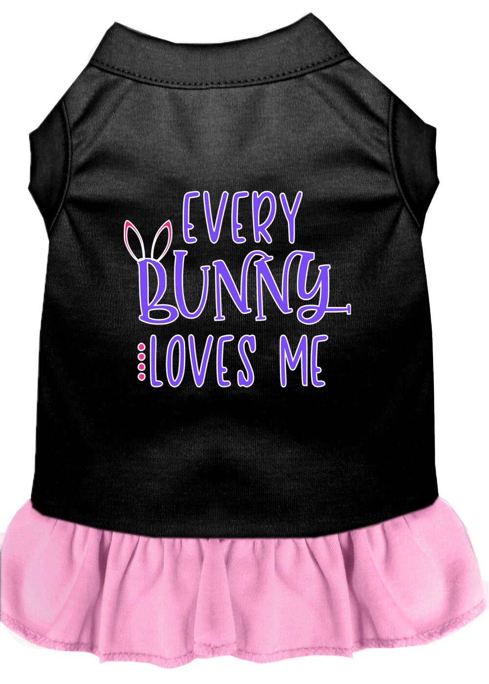 Black sleeveless pet dress, bunny slogan graphic on back, pink ruffle skirt
