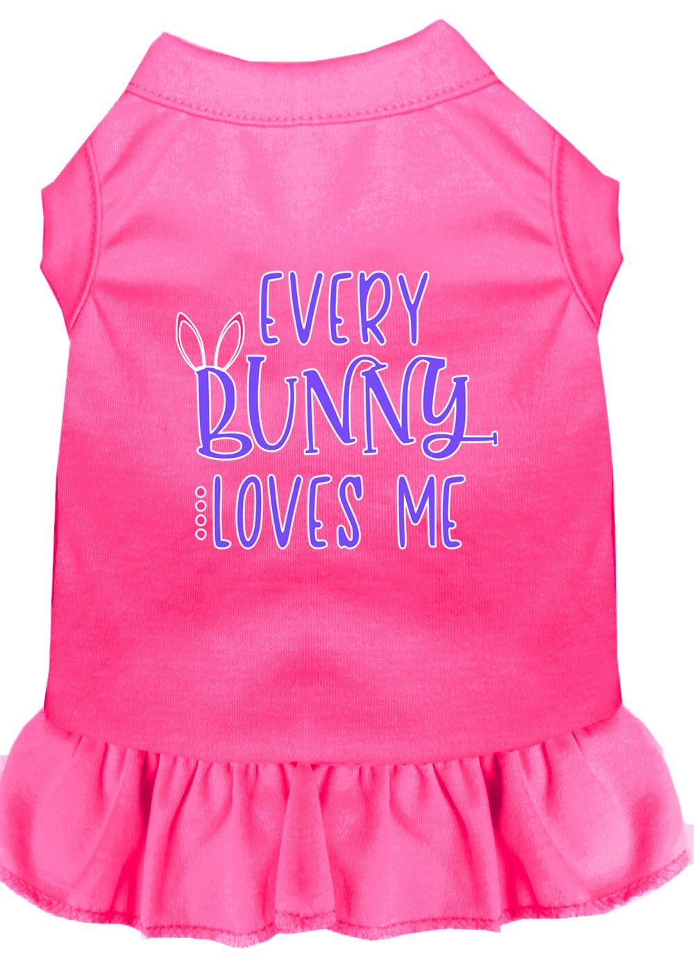 Pink sleeveless pet dress with bunny slogan graphic and ruffled bottom