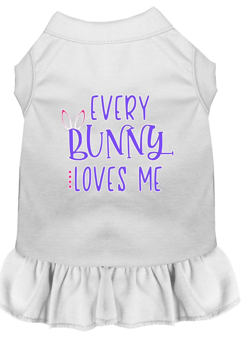 White sleeveless pet dress with bunny slogan graphic and ruffled skirt