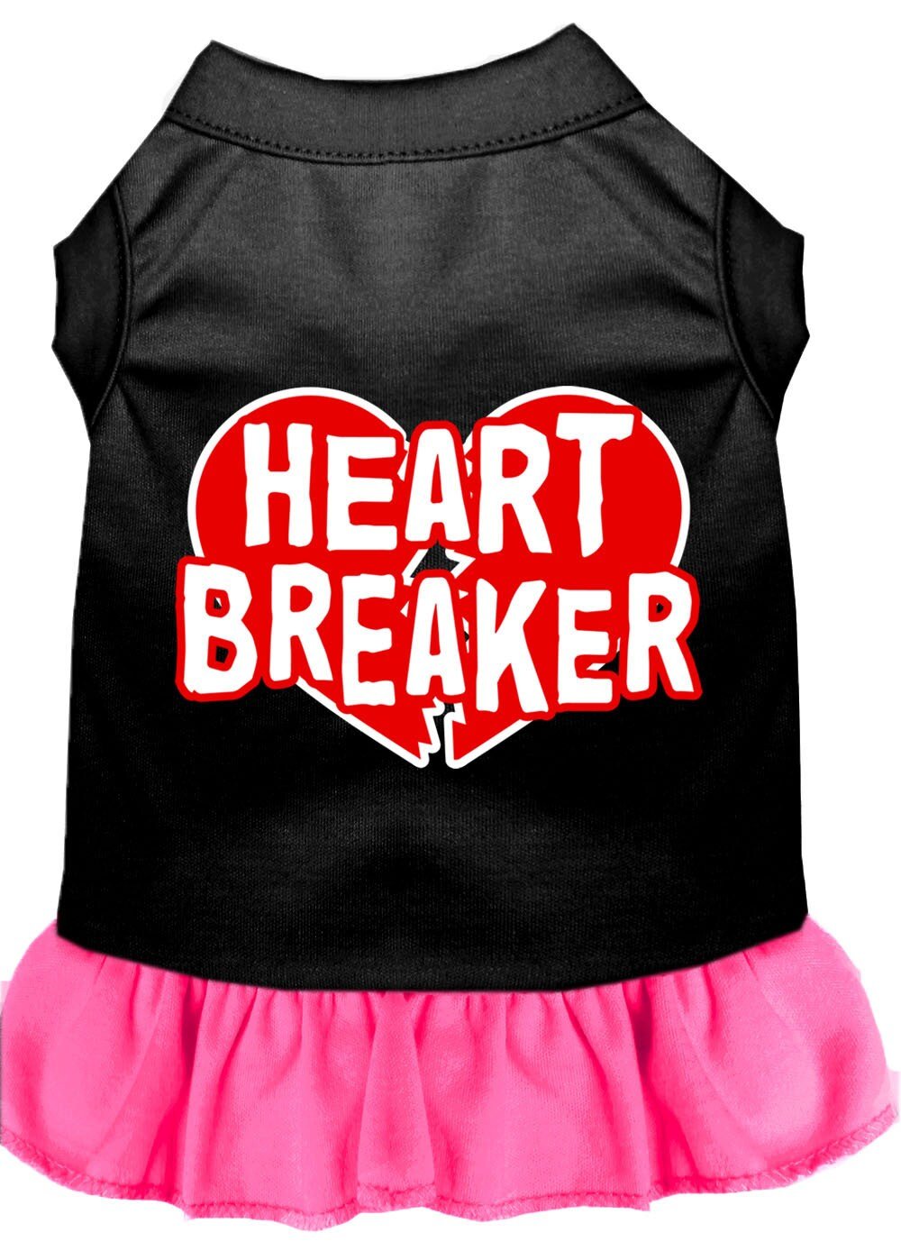 Black pet dress with Heart Breaker logo and pink ruffle skirt