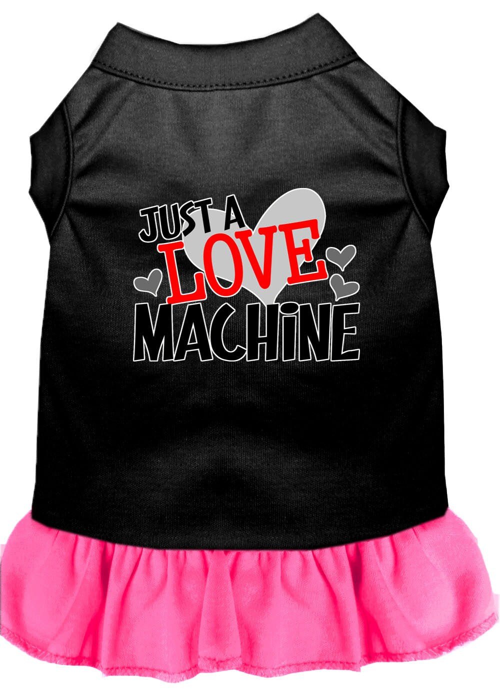 Black-and-pink pet dress with Love Machine graphic, heart accents, ruffled hem