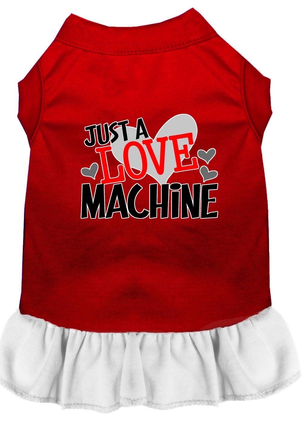 Red pet dress with Love Machine heart graphic, white ruffle skirt
