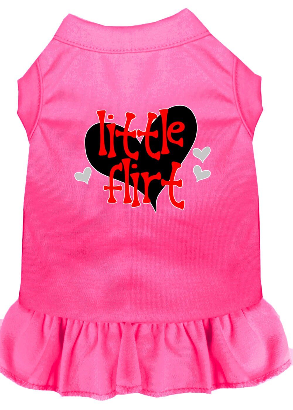 Bright pink pet dress with sleeveless cut, ruffle hem, and heart-and-text graphic