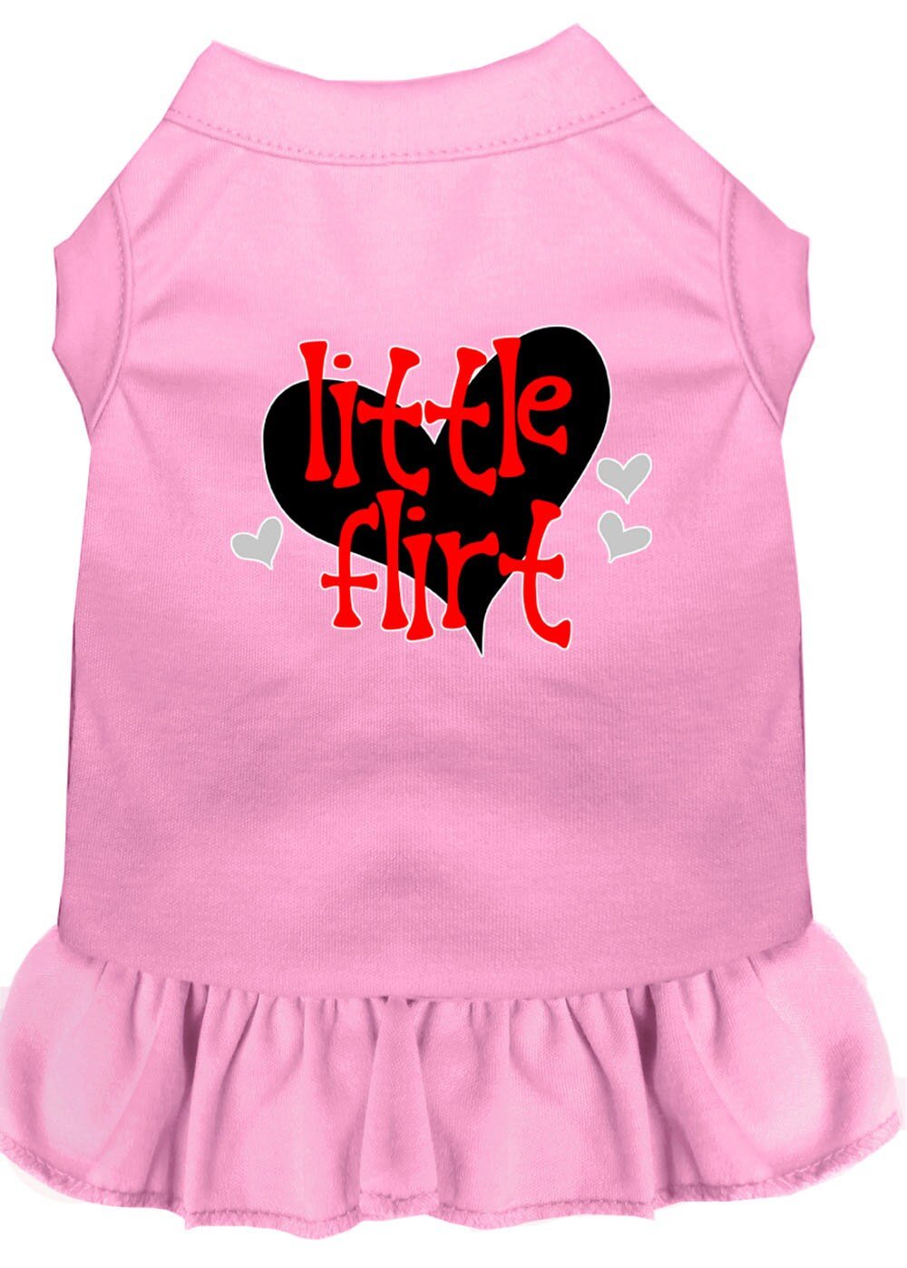 Light pink pet dress with sleeveless cut, ruffle hem, and heart-and-text graphic