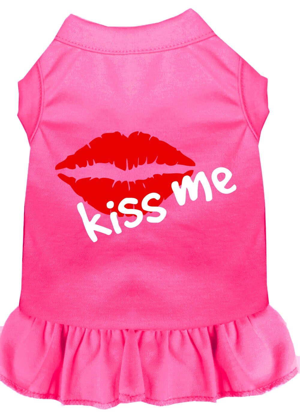 Bright pink pet dress with red lips and 'Kiss Me' screen print and ruffled hem