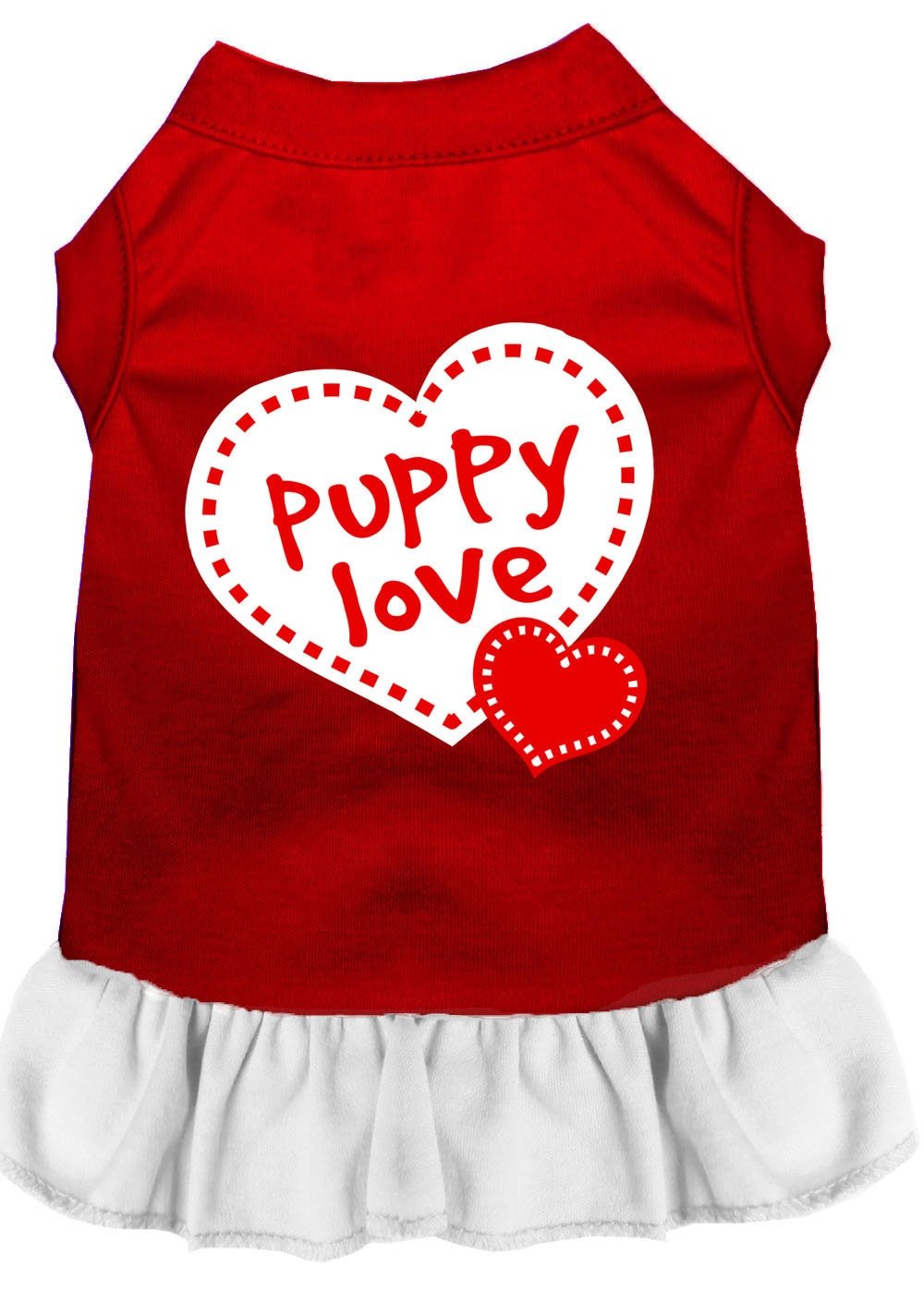 Red pet dress with “Puppy Love” heart graphic and white ruffle trim