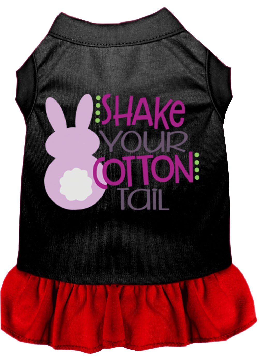 Black pet dress with bunny graphic and red ruffled skirt hem