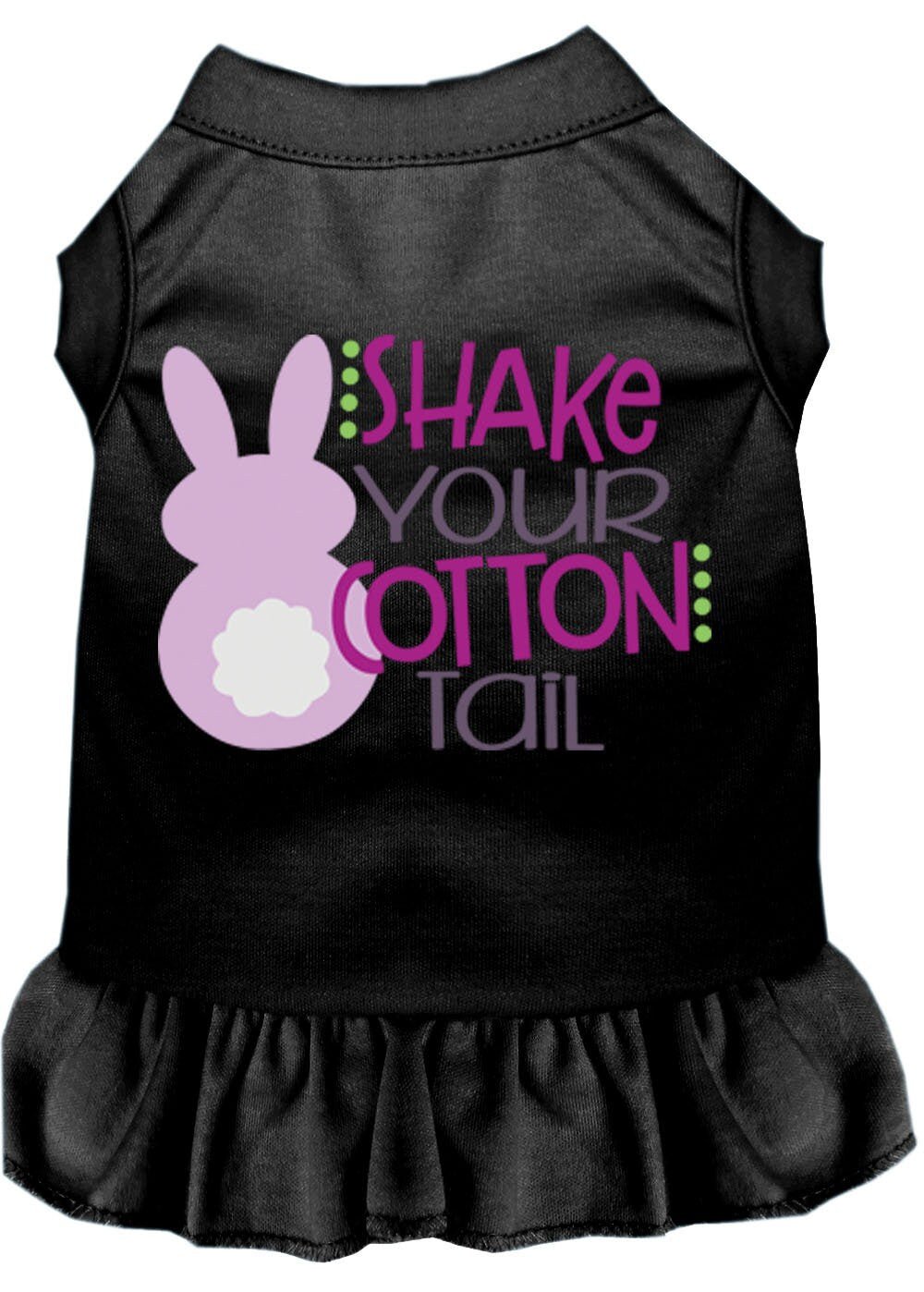 Black pet dress with bunny graphic and ruffled bottom hem