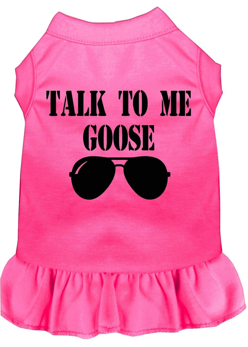 Bright pink pet dress with Talk to Me Goose sunglasses graphic and ruffled skirt