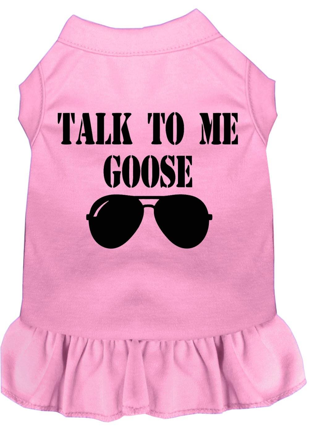 Light pink pet dress with Talk to Me Goose sunglasses graphic and ruffled skirt