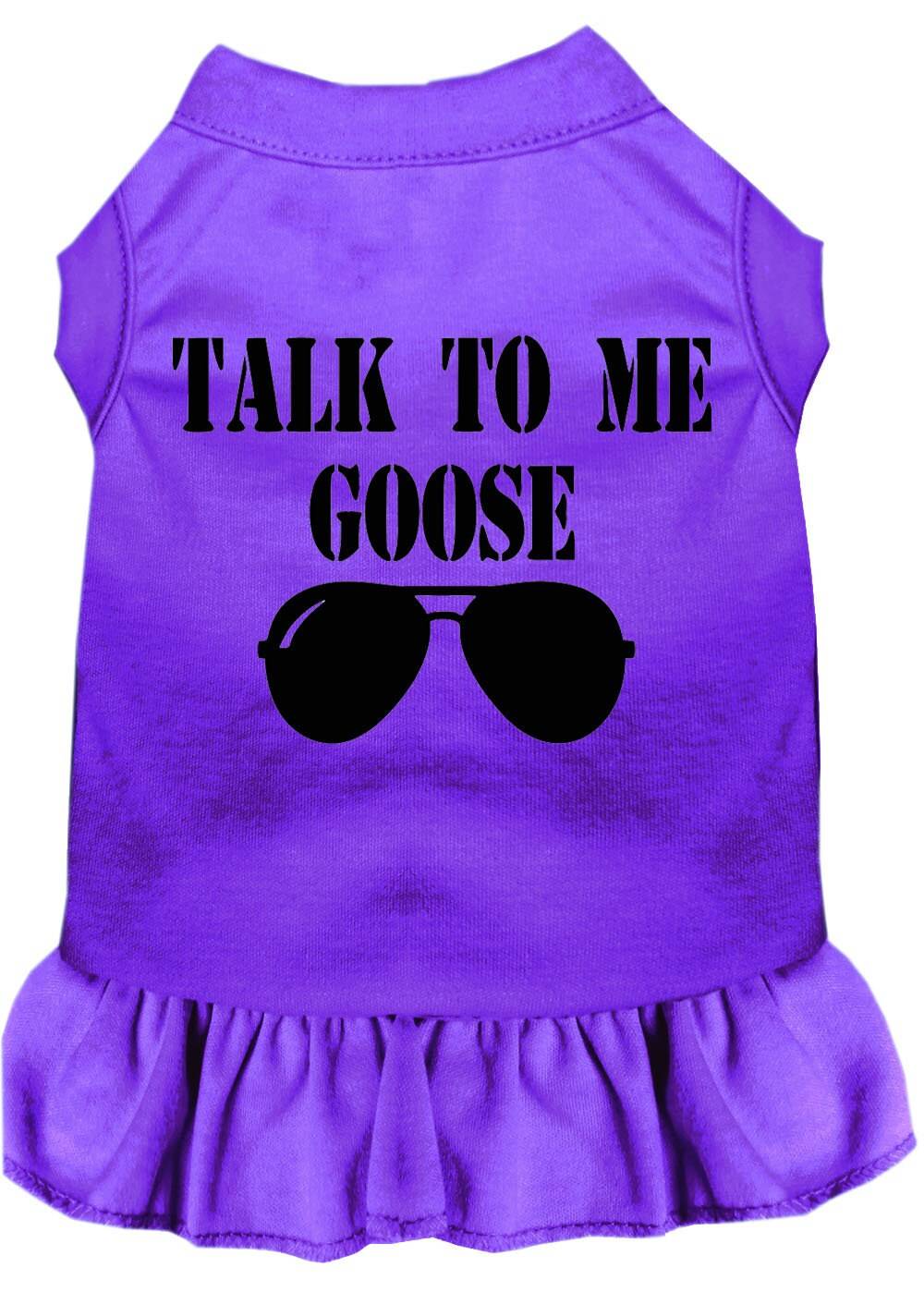 Purple pet dress with Talk to Me Goose text and sunglasses graphic, ruffled hem