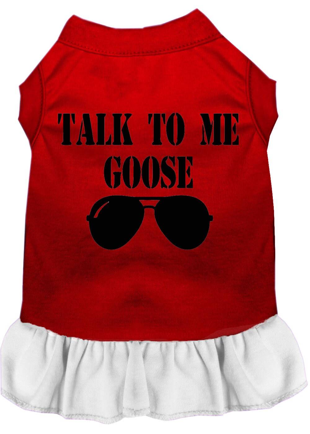 Red pet dress with white ruffled hem and Talk to Me Goose sunglasses graphic