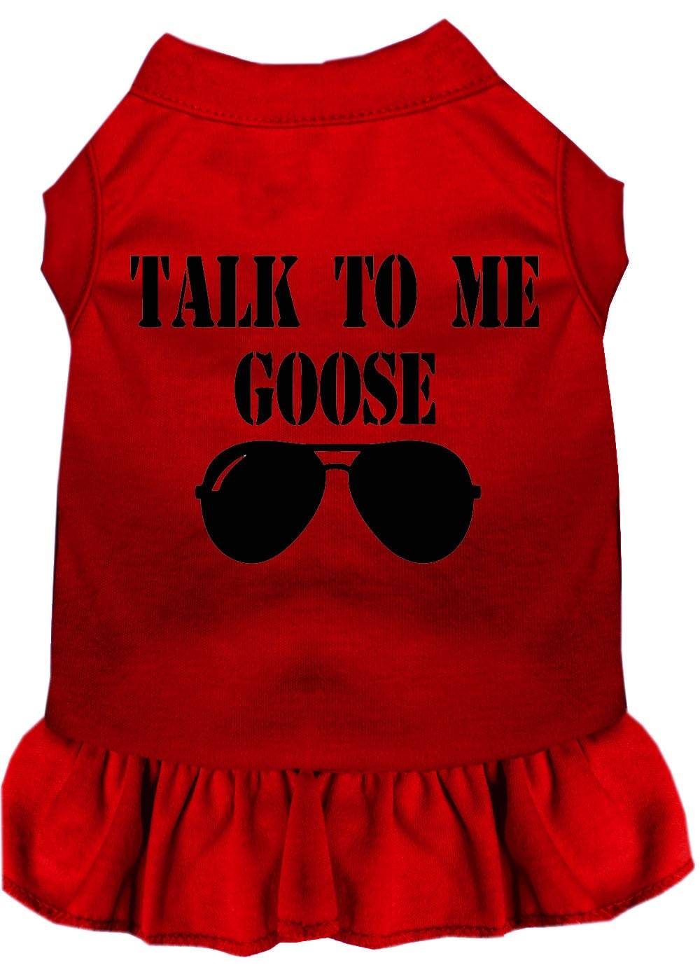 Red pet dress with Talk to Me Goose sunglasses graphic and ruffled skirt