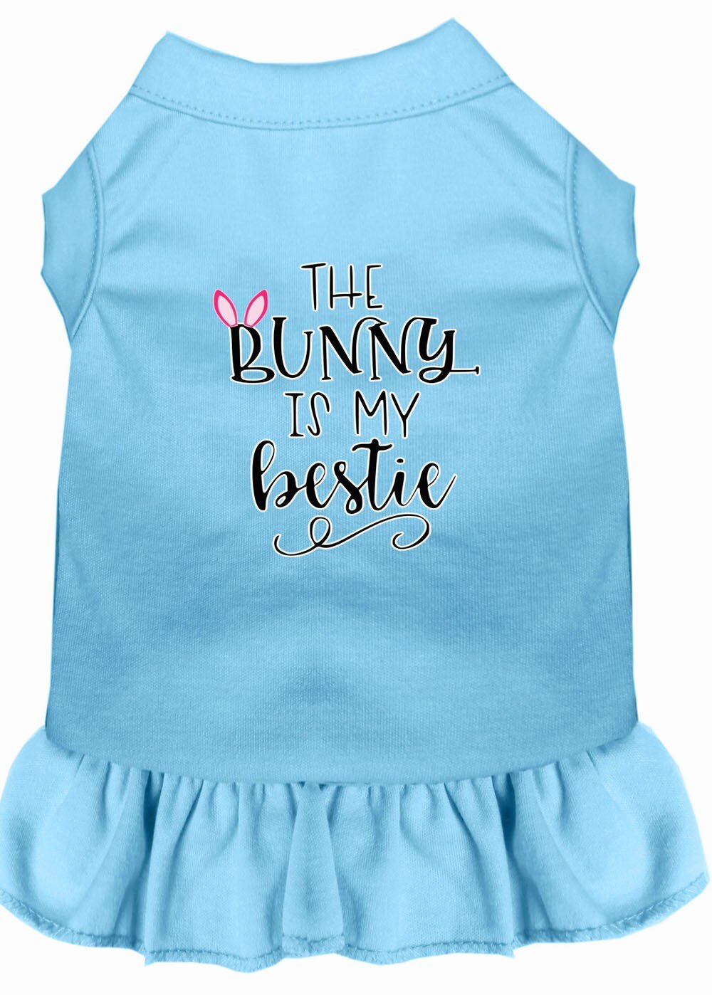Light blue pet dress with “The Bunny Is My bestie” graphic and ruffled skirt