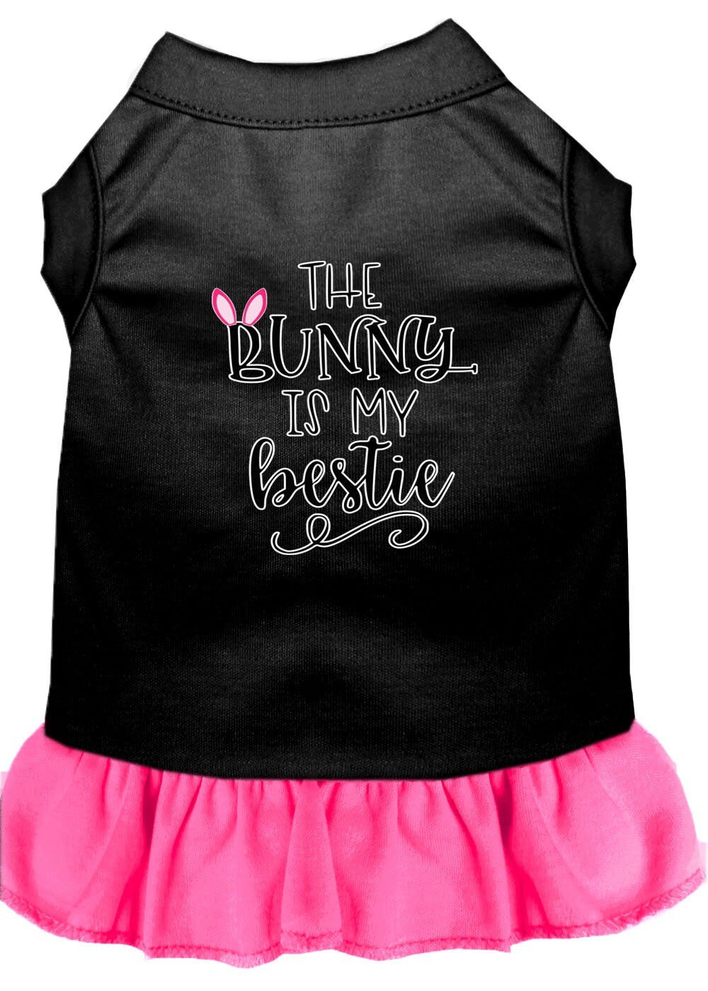 Black pet dress with “The Bunny Is My bestie” graphic; pink ruffled bottom