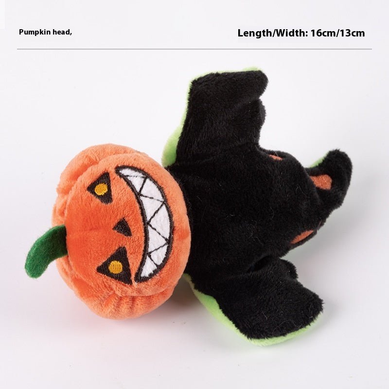 Rechargeable electric sound cat plush toy with black body, green accents, and pumpkin head