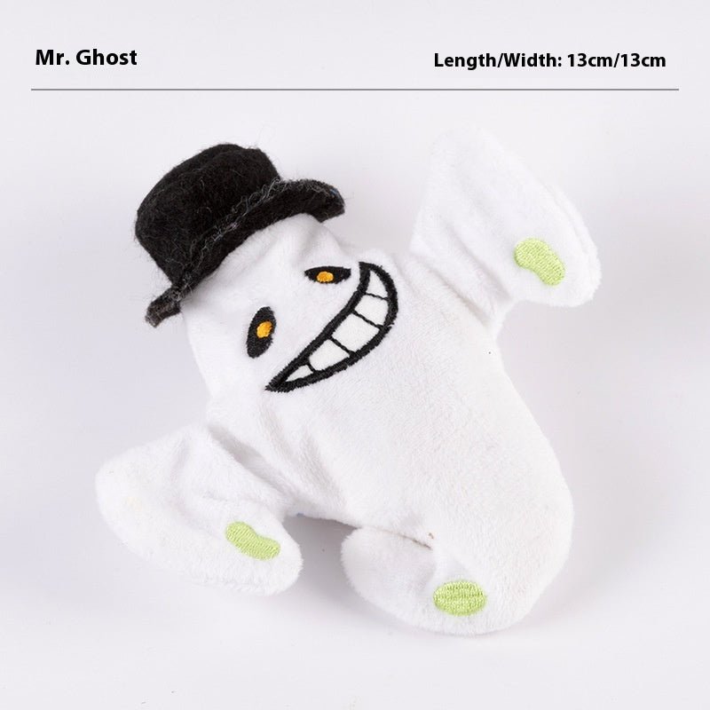 Rechargeable electric sound cat plush toy with white ghost body, black top hat, green details