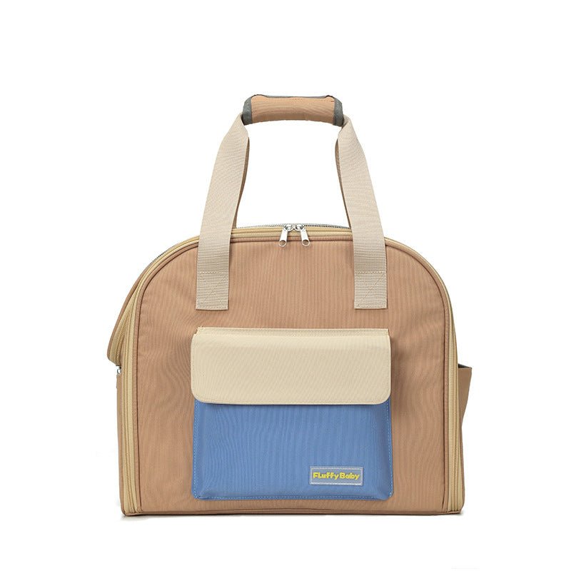 Khaki foldable pet travel backpack with white front flap pocket and blue panel
