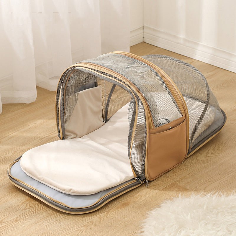 Foldable pet travel backpack with mesh top cover and beige carrying pad