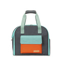 Dark gray pet travel backpack with mint straps and turquoise-and-orange front pocket