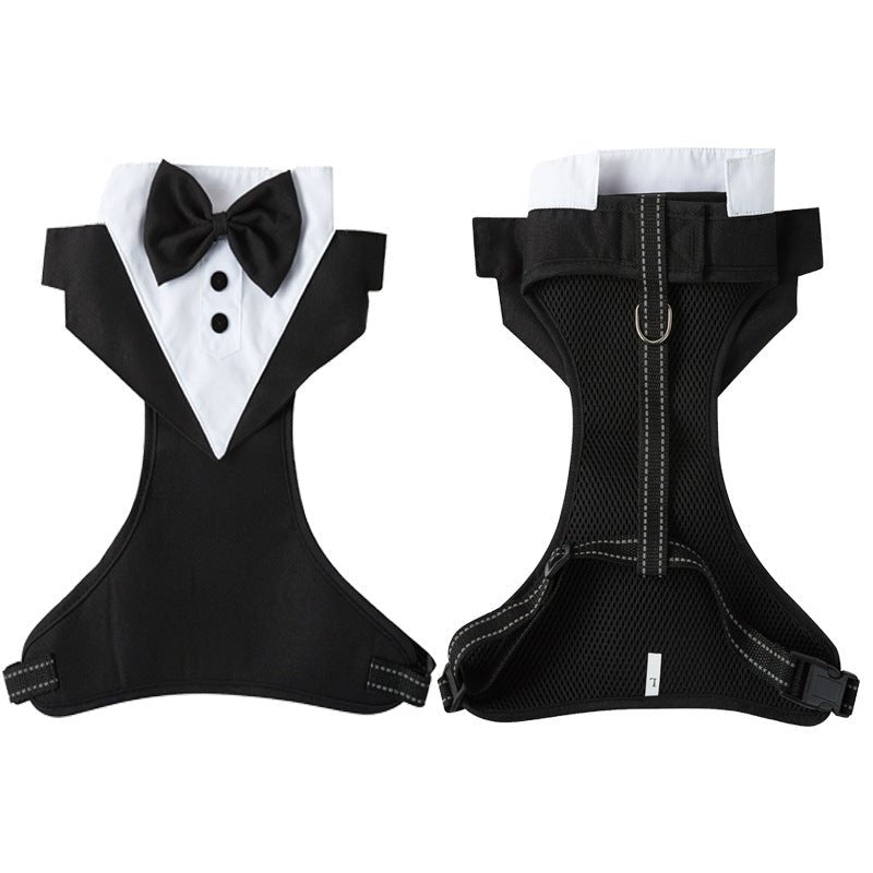 Black tuxedo pet harness with white shirt front, bow tie, and adjustable buckles