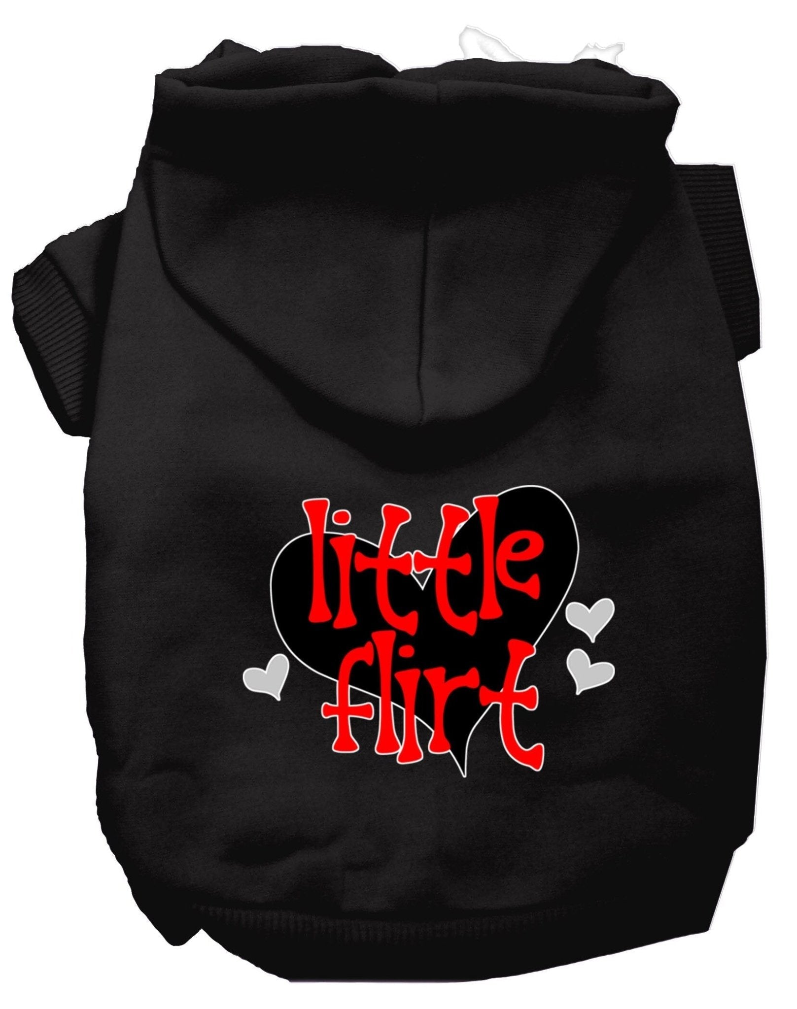 Black pet hoodie with hood and 'Little Flirt' heart graphic