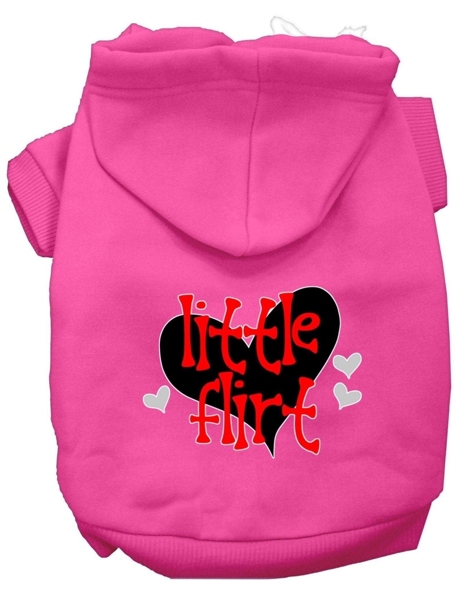 Pink pet hoodie with hood and 'Little Flirt' heart graphic