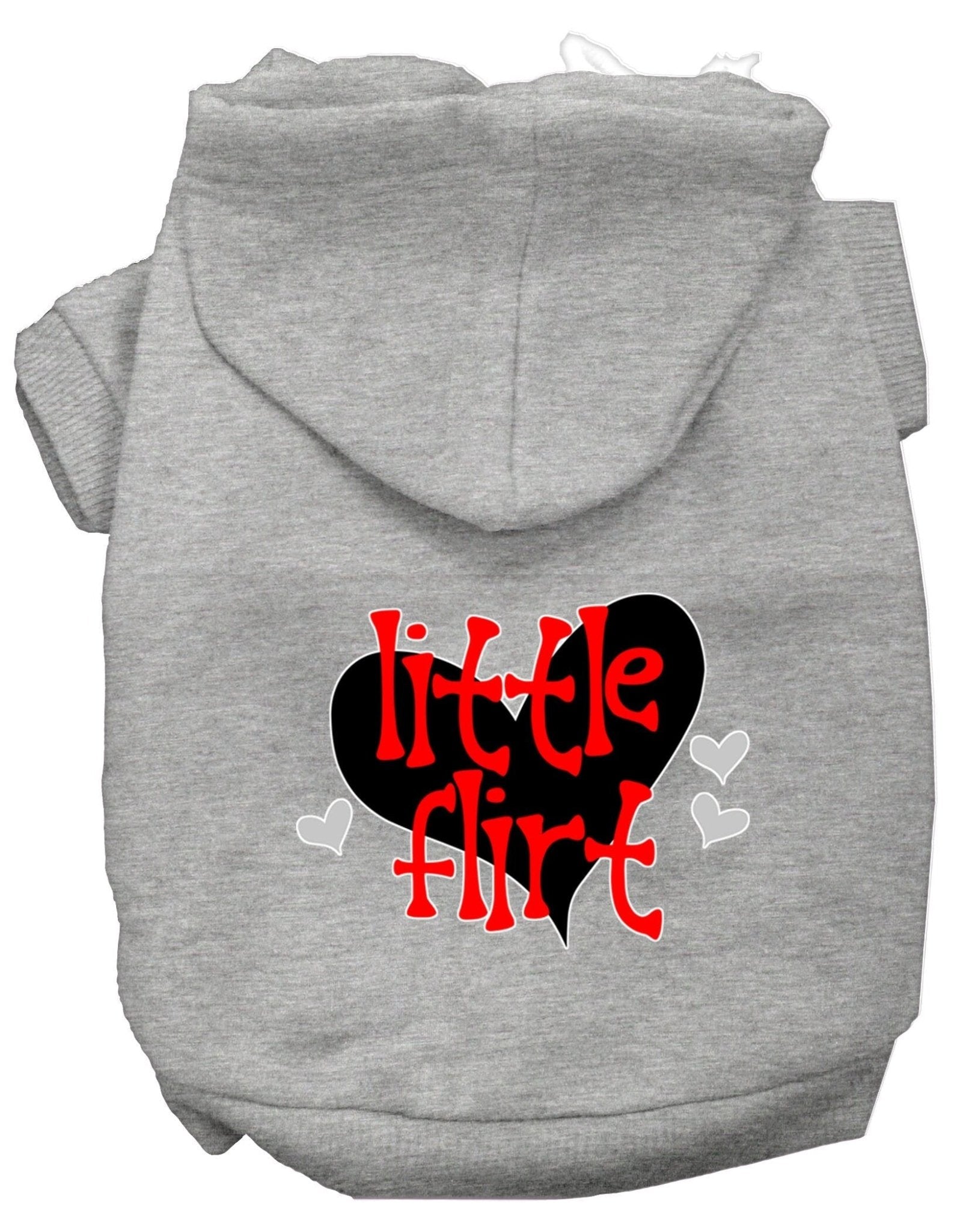 Grey pet hoodie with hood and 'Little Flirt' heart graphic