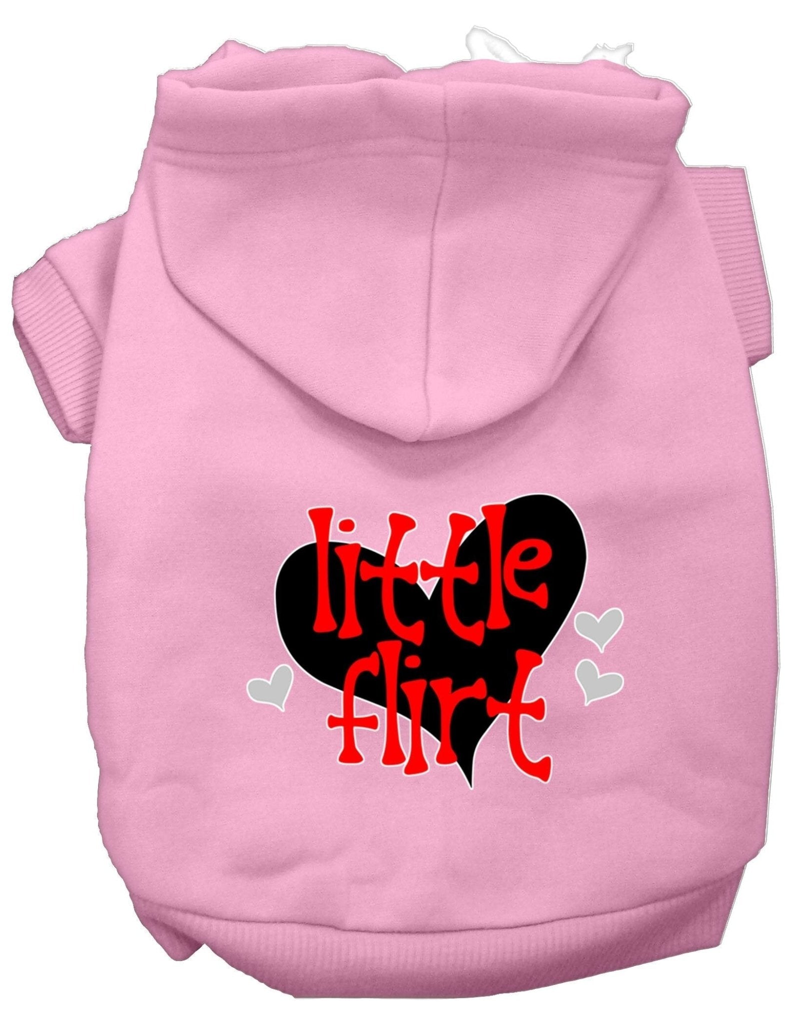 Light pink pet hoodie with hood and 'Little Flirt' heart graphic