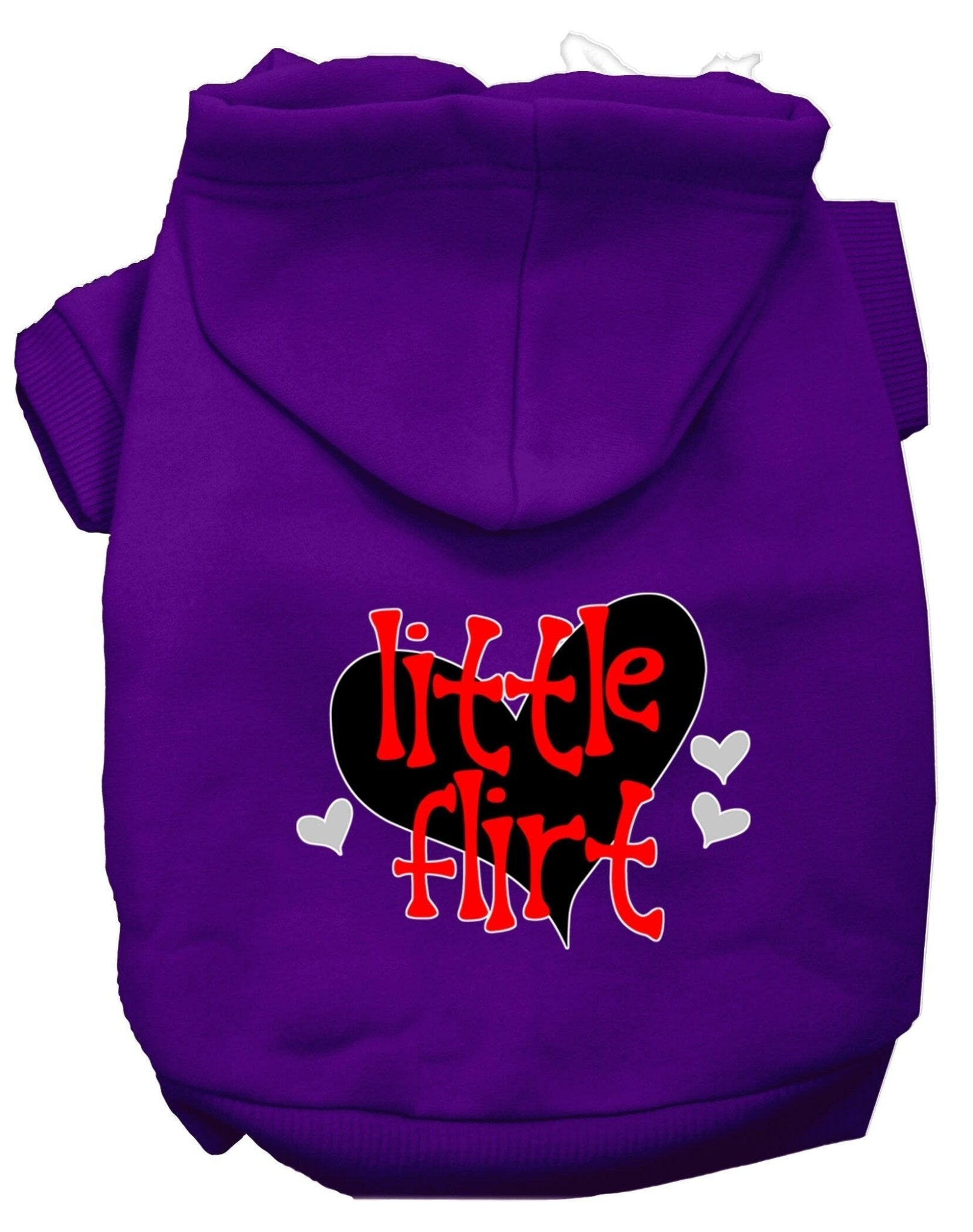 Purple pet hoodie with hood and 'Little Flirt' heart graphic